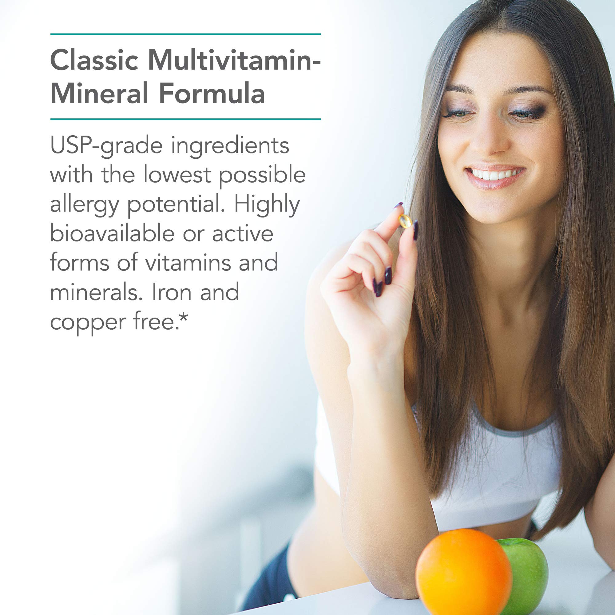 Pouring Nutricology Multi-Vi-Min capsules for a simple daily routine.