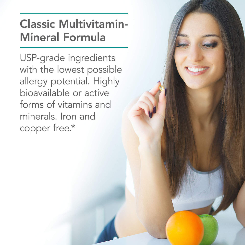 Pouring Nutricology Multi-Vi-Min capsules for a simple daily routine.