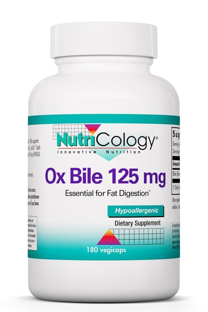 NutriCology Ox Bile 125 mg bottle—concentrated bile salts for fat digestion support.