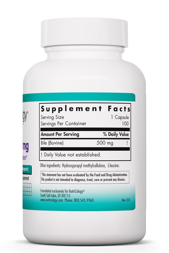 Close-up of NutriCology Ox Bile 500mg capsules highlighting bile salts