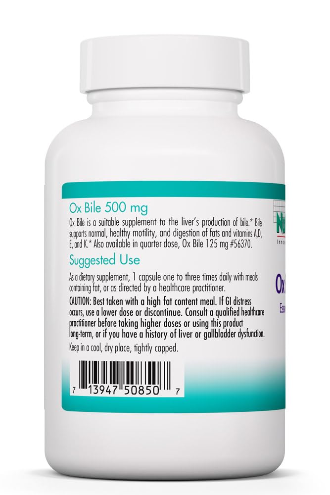 Label details for NutriCology Ox Bile 500mg emphasizing purity and hypoallergenic formula