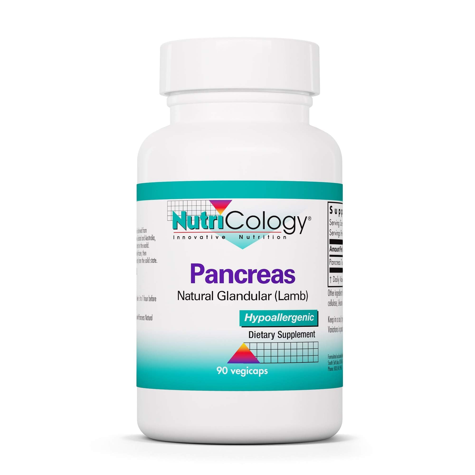 Nutricology Pancreas Lamb supplement bottle close-up highlighting enzyme-rich formula for digestion