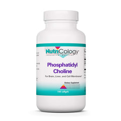 Nutricology phosphatidylcholine softgels bottle on shelf supports memory and liver function.