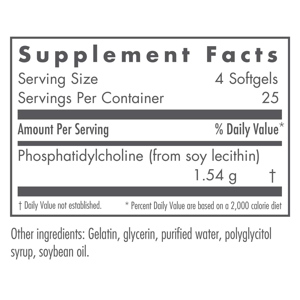 Nutricology phosphatidylcholine softgels label highlights 1540 mg potency.