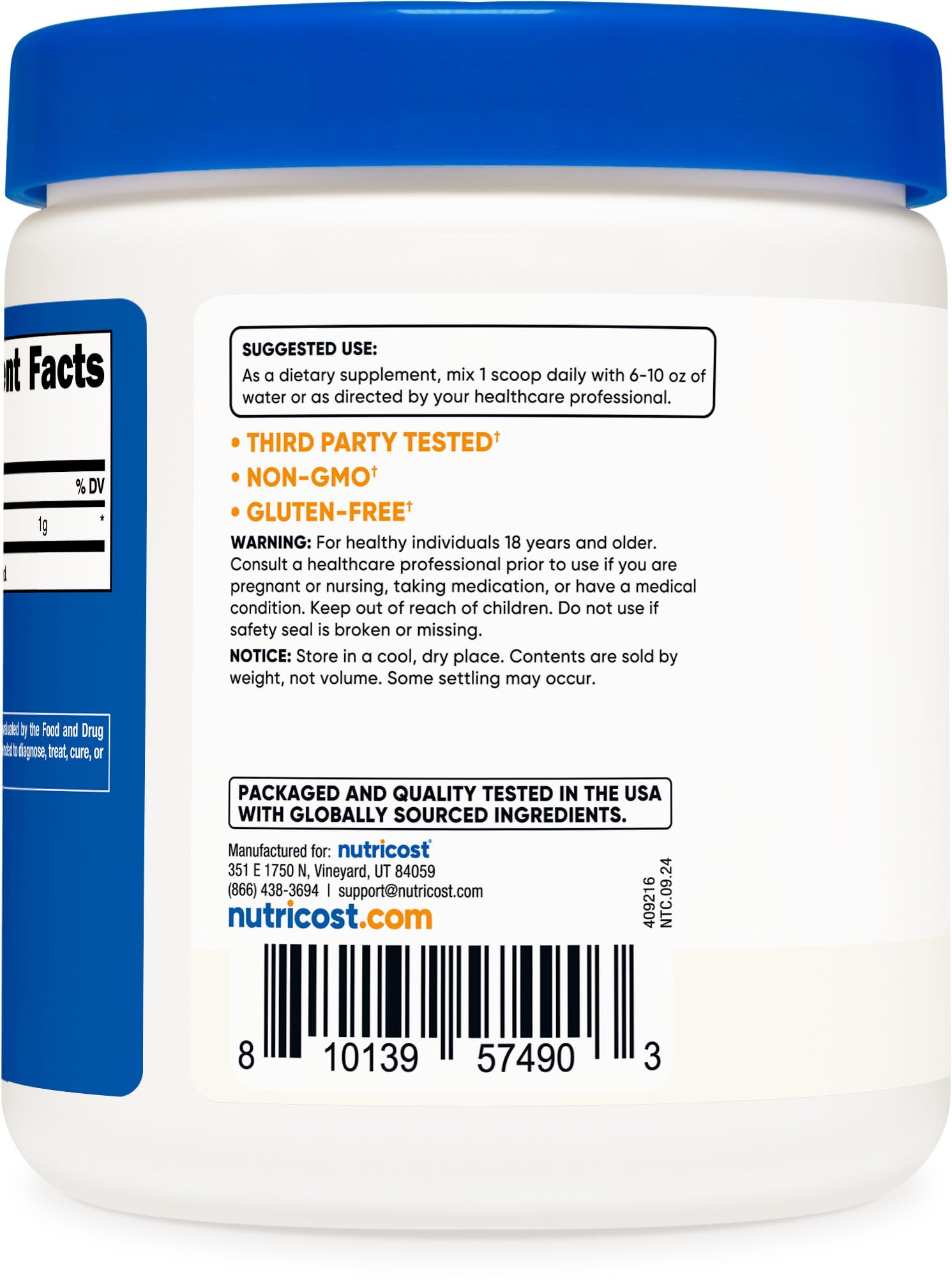 Front view of Nutricost bottle in NSF GMP facility quality