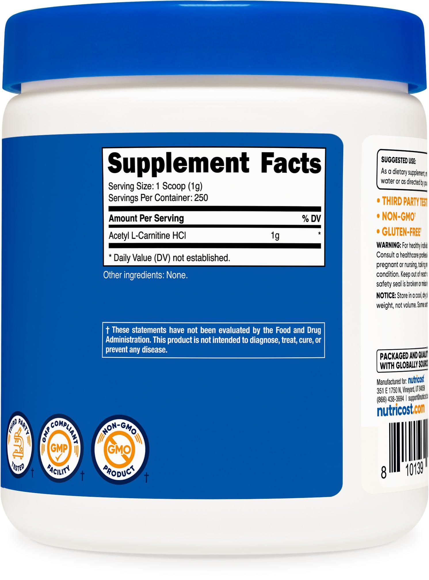 Nutricost Acetyl L-Carnitine back packaging with testing info