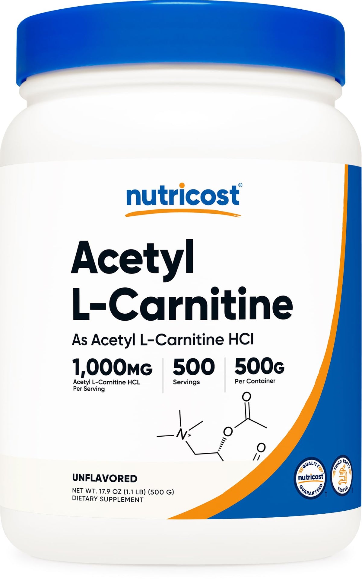 Nutricost Acetyl L-Carnitine powder tub showing purity for daily use.
