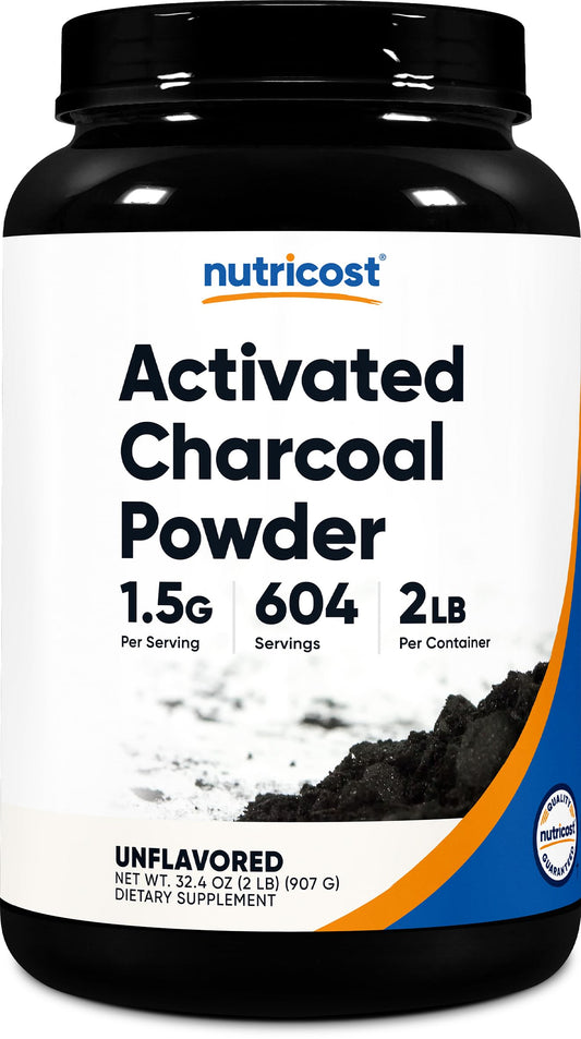 Nutricost Activated Charcoal Powder 2lb bag for versatile toothpaste and mask applications.