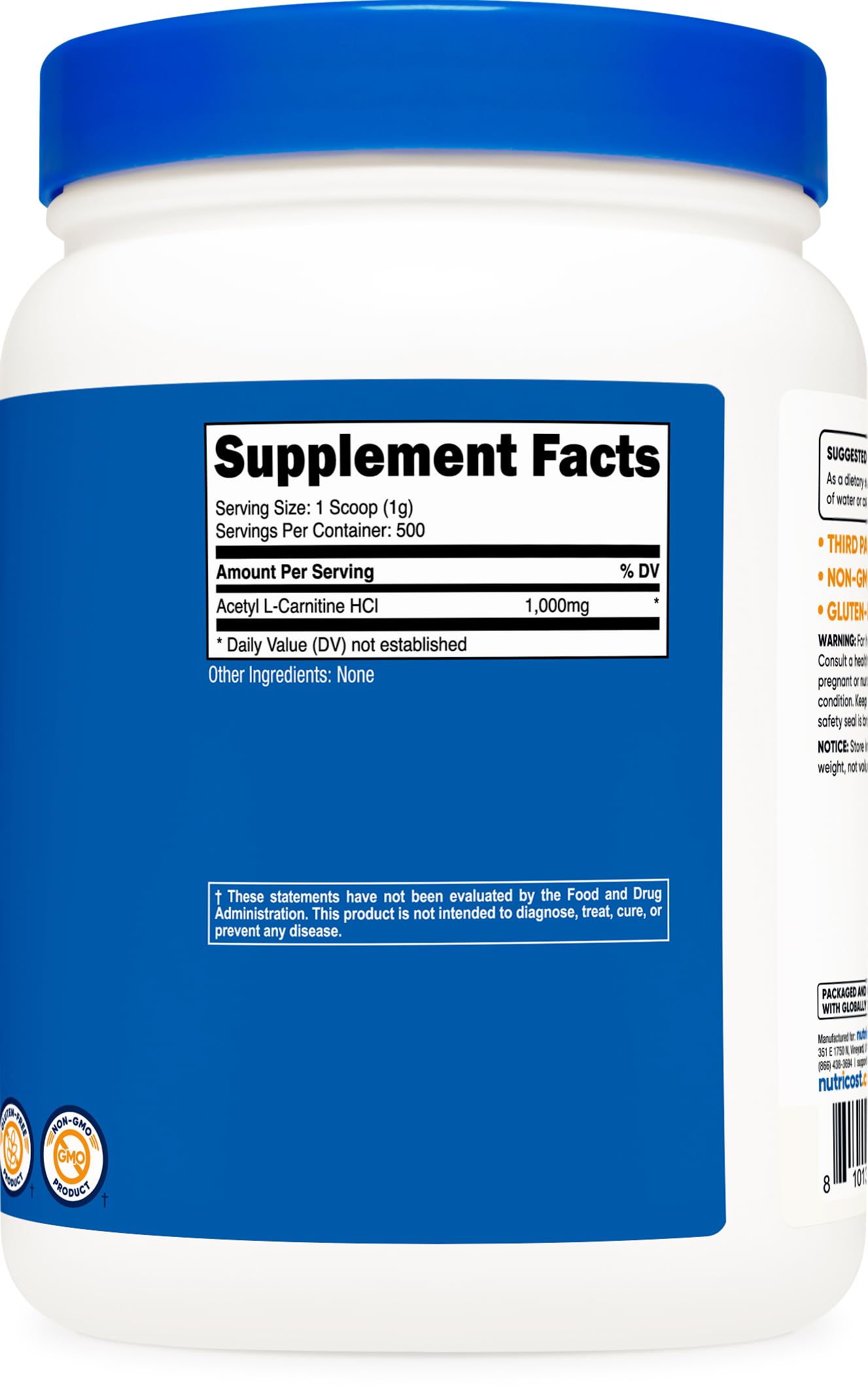 Nutricost ALCAR produced in an FDA-registered, GMP-compliant facility.