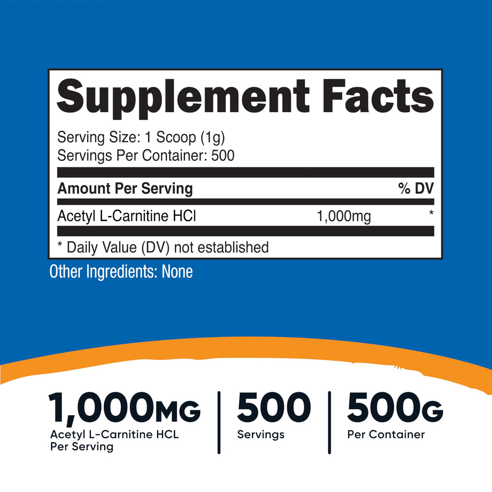 Nutricost Acetyl L-Carnitine scoop in tub for easy measuring.