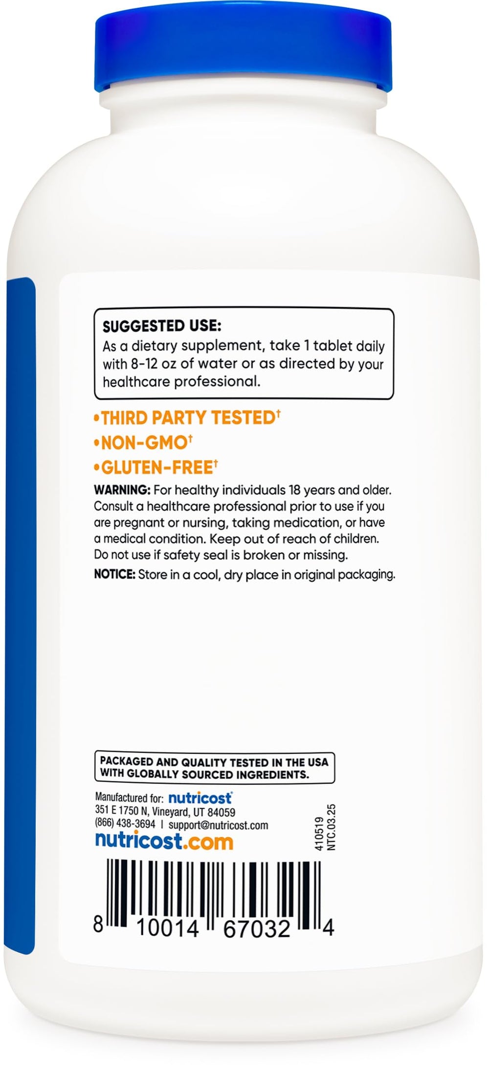 Nutricost L-Arginine 1000mg tablets on white surface for easy dosing