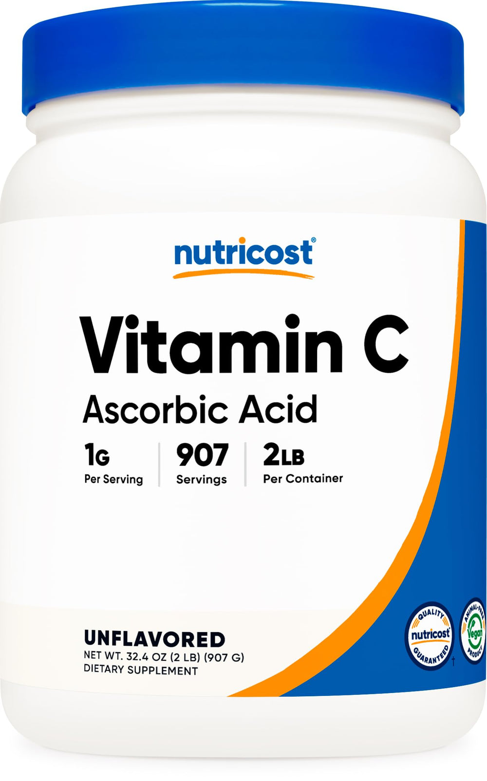 Nutricost Ascorbic Acid powder bottle showing pure vitamin C for gluten-free, non-GMO daily nutrition