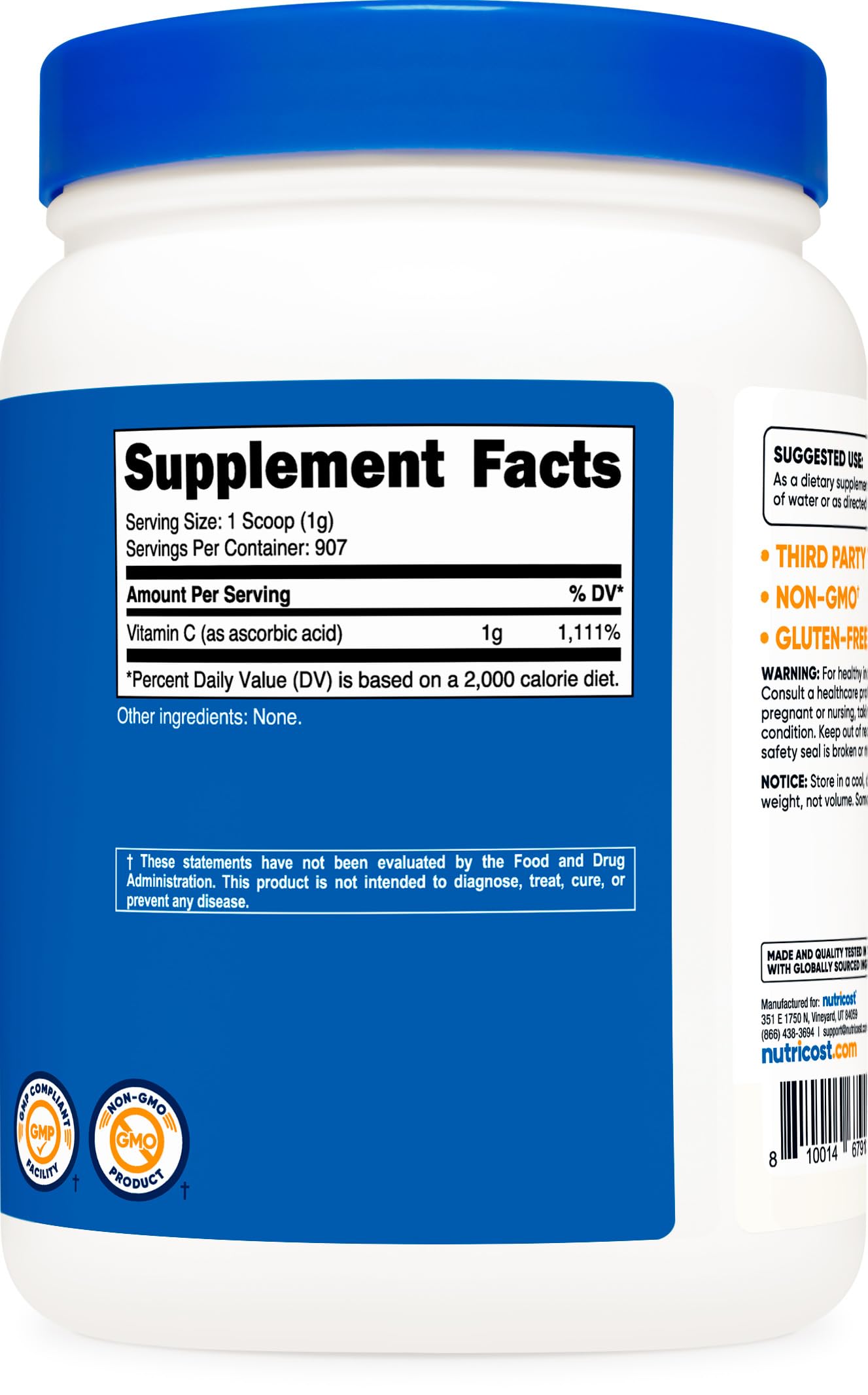 Nutricost Ascorbic Acid powder jar with secure packaging and 2 lb supply for ongoing use