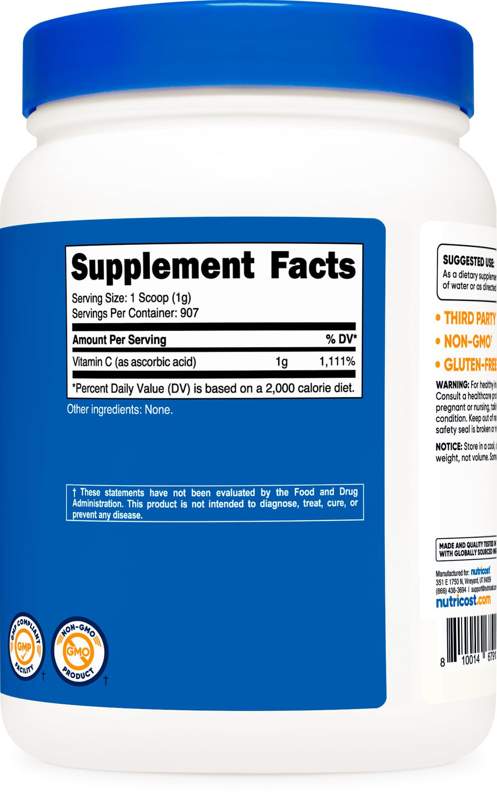 Nutricost Ascorbic Acid powder jar with secure packaging and 2 lb supply for ongoing use
