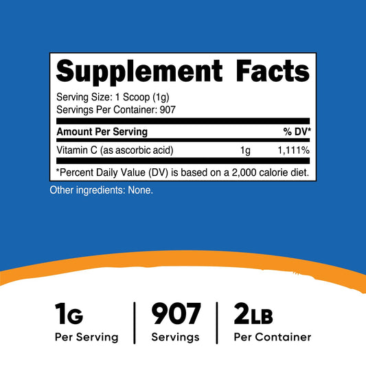 Nutricost Ascorbic Acid powder scoop enables convenient 1 g servings for recipes