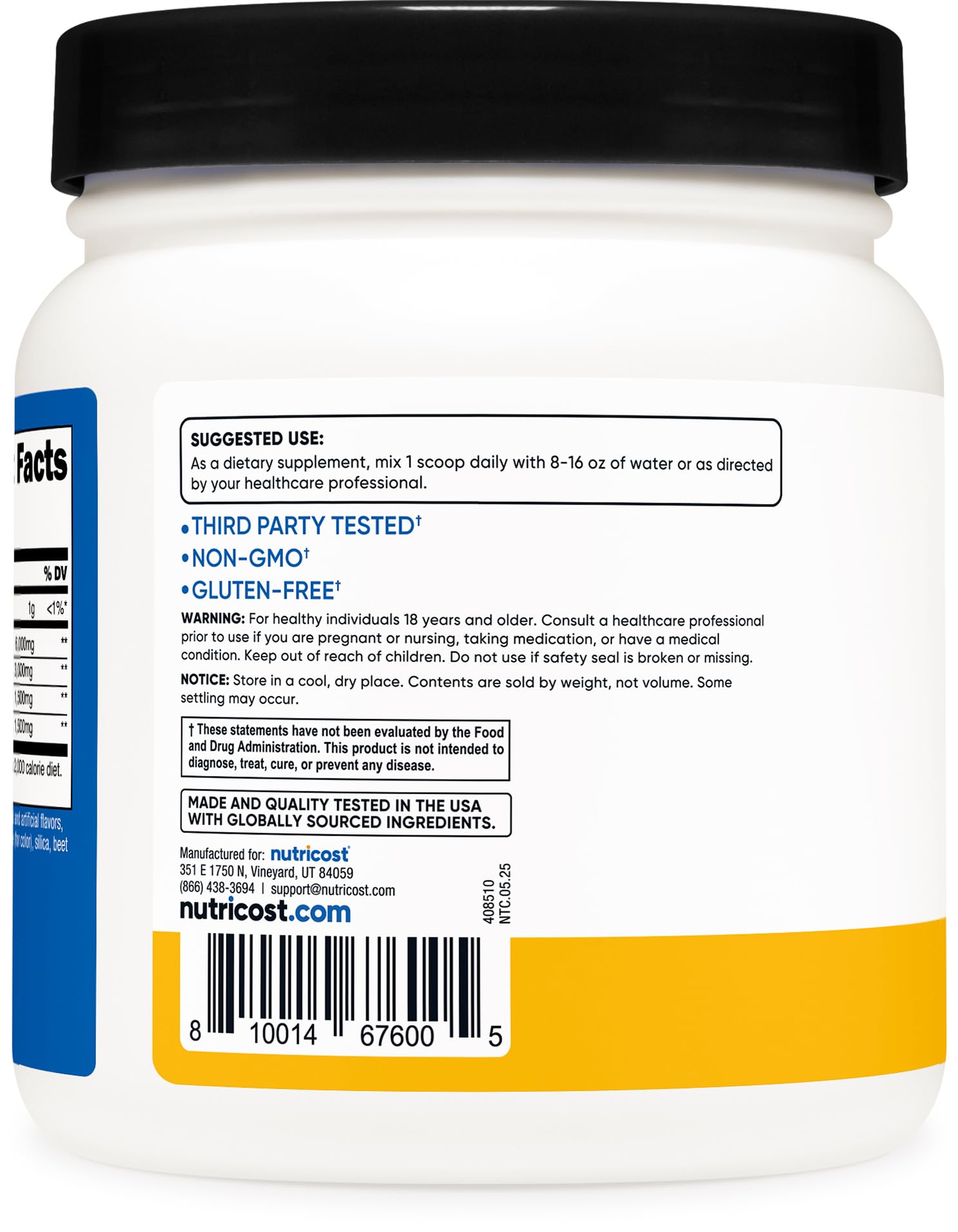 Nutricost BCAA Orange Mango label highlights gluten-free and non-GMO features