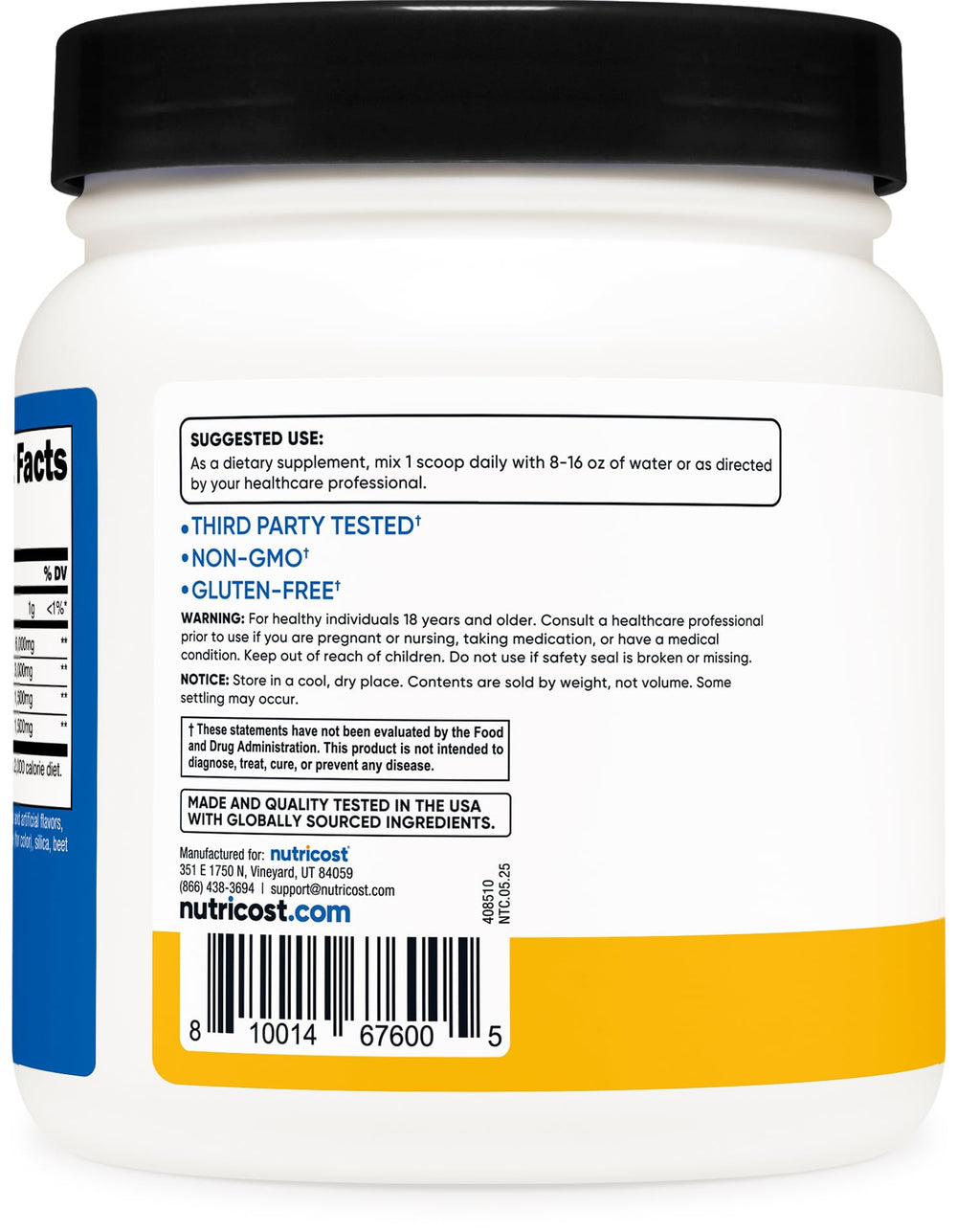 Nutricost BCAA Orange Mango label highlights gluten-free and non-GMO features