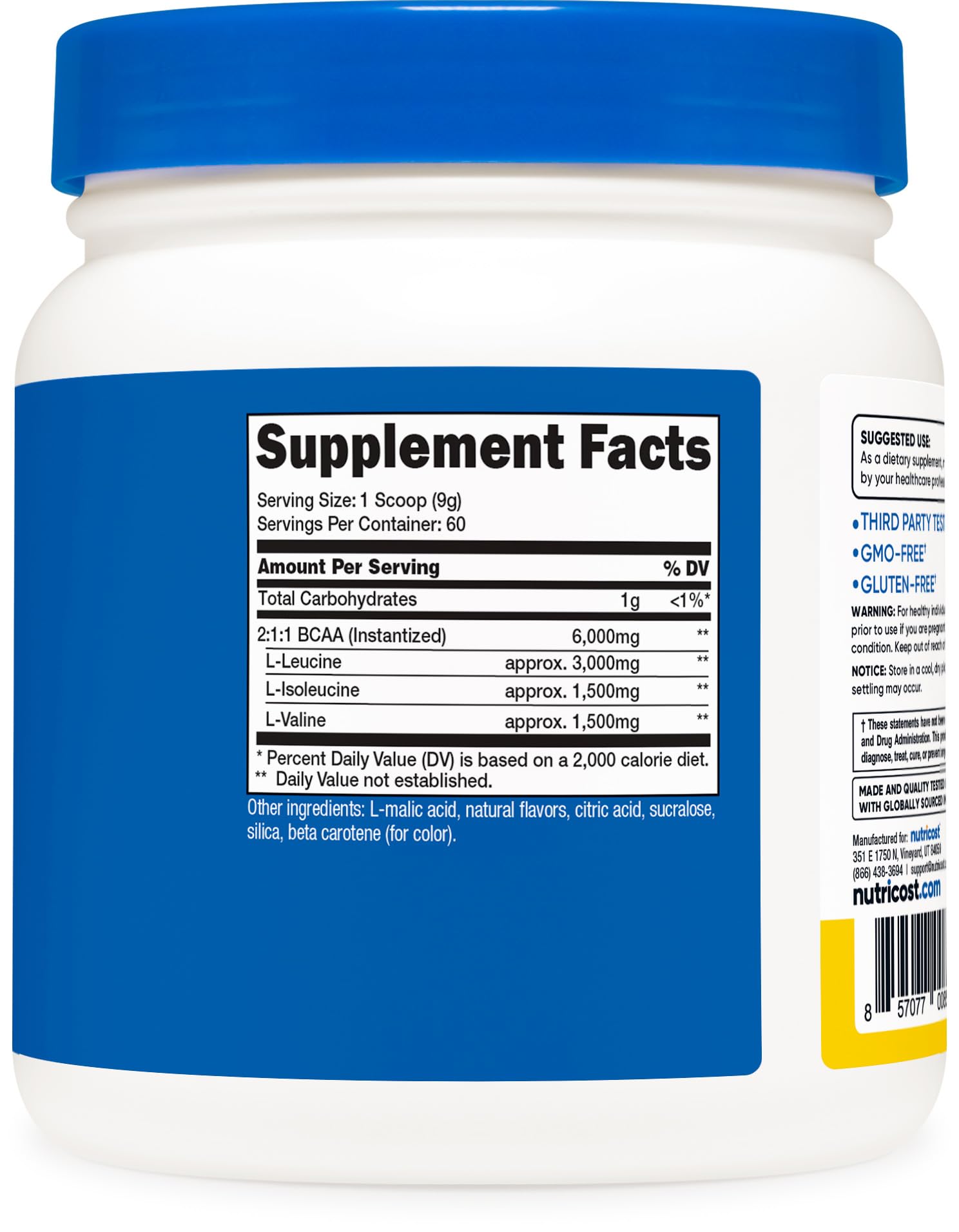 Nutricost BCAA Pineapple nutrition panel emphasizing quality testing