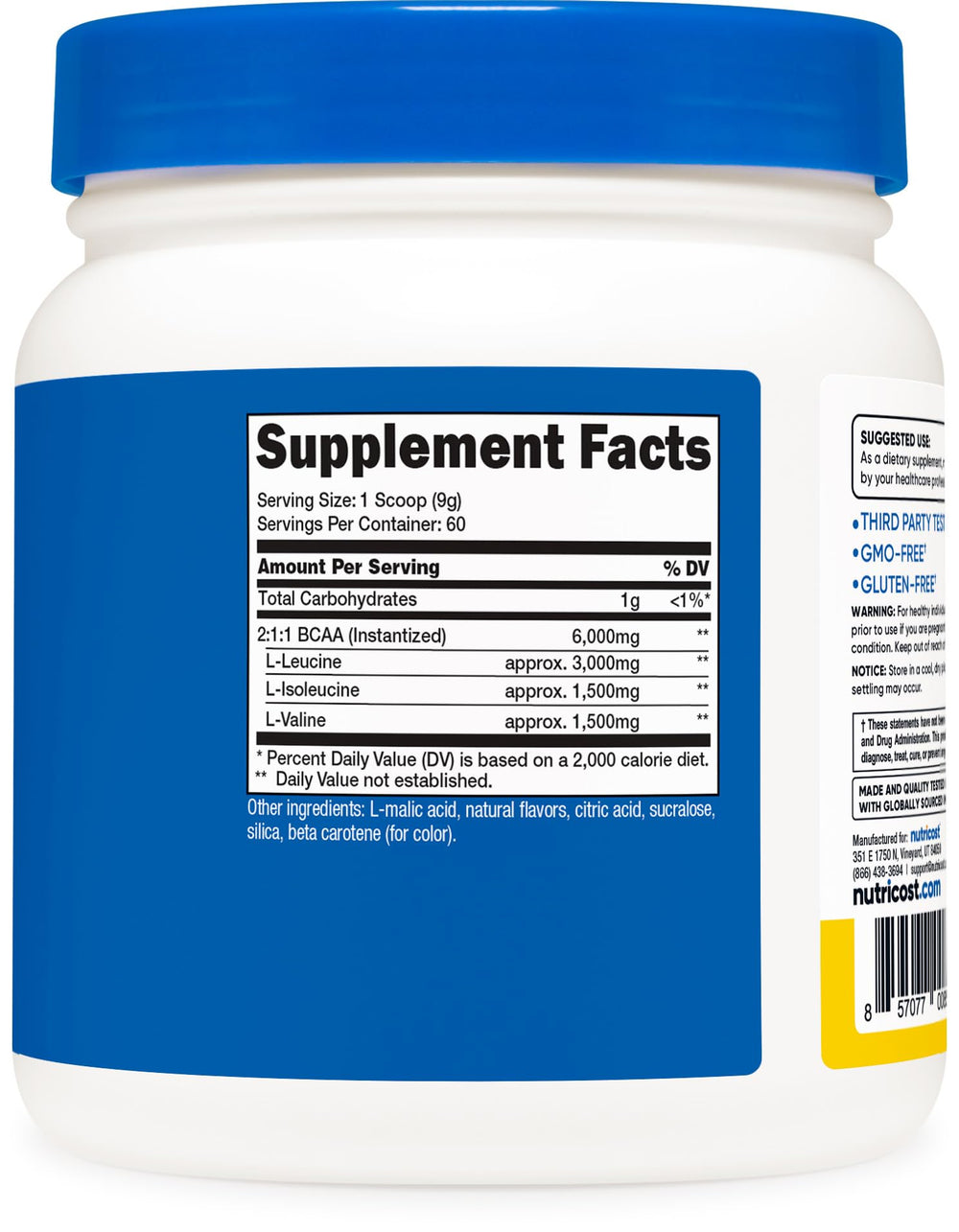 Nutricost BCAA Pineapple nutrition panel emphasizing quality testing