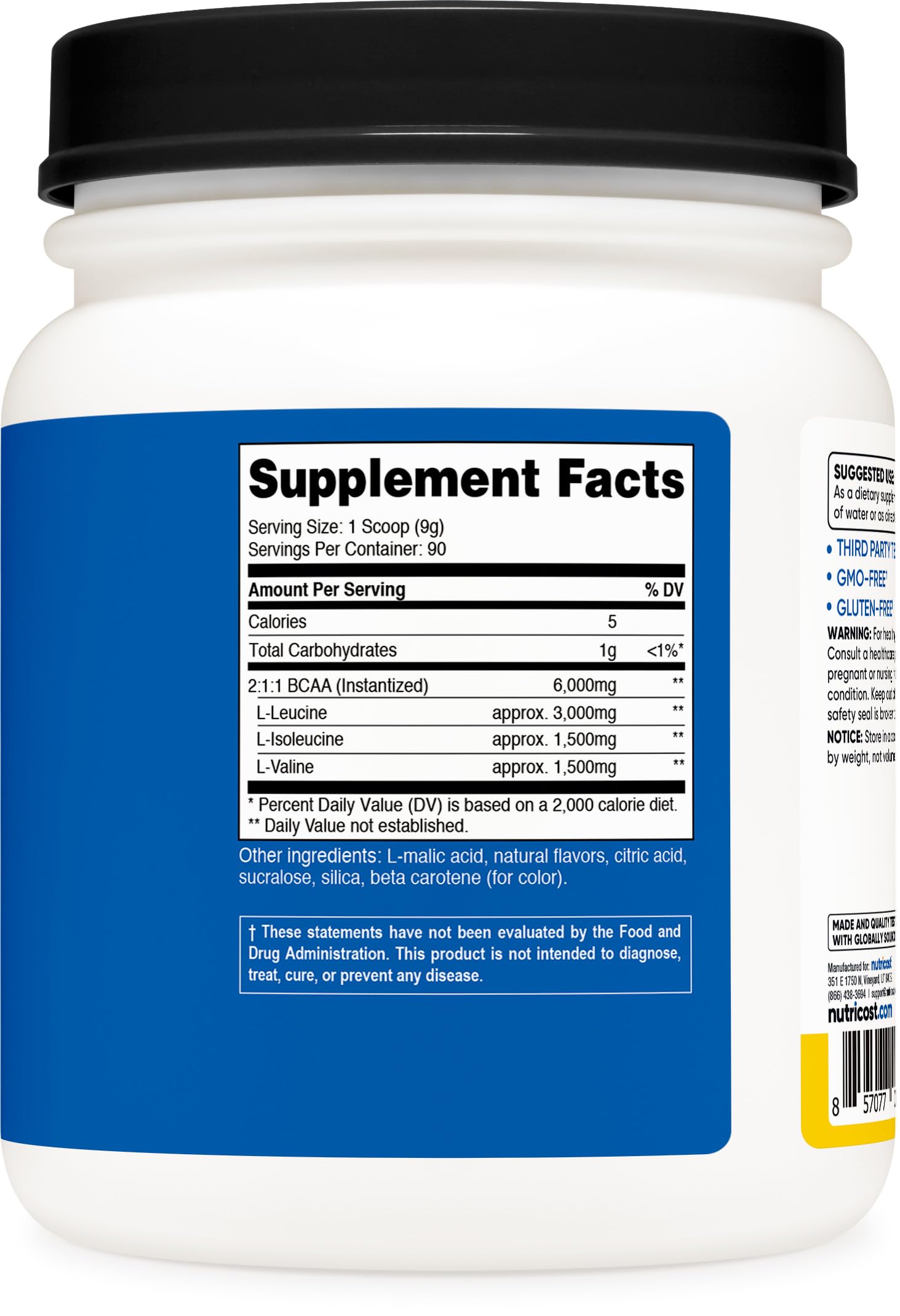 Nutricost BCAA Pineapple serving scoop beside bottle for easy daily dose.