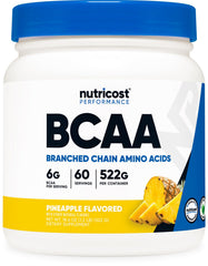 Nutricost BCAA Pineapple tub front showing premium packaging and quality