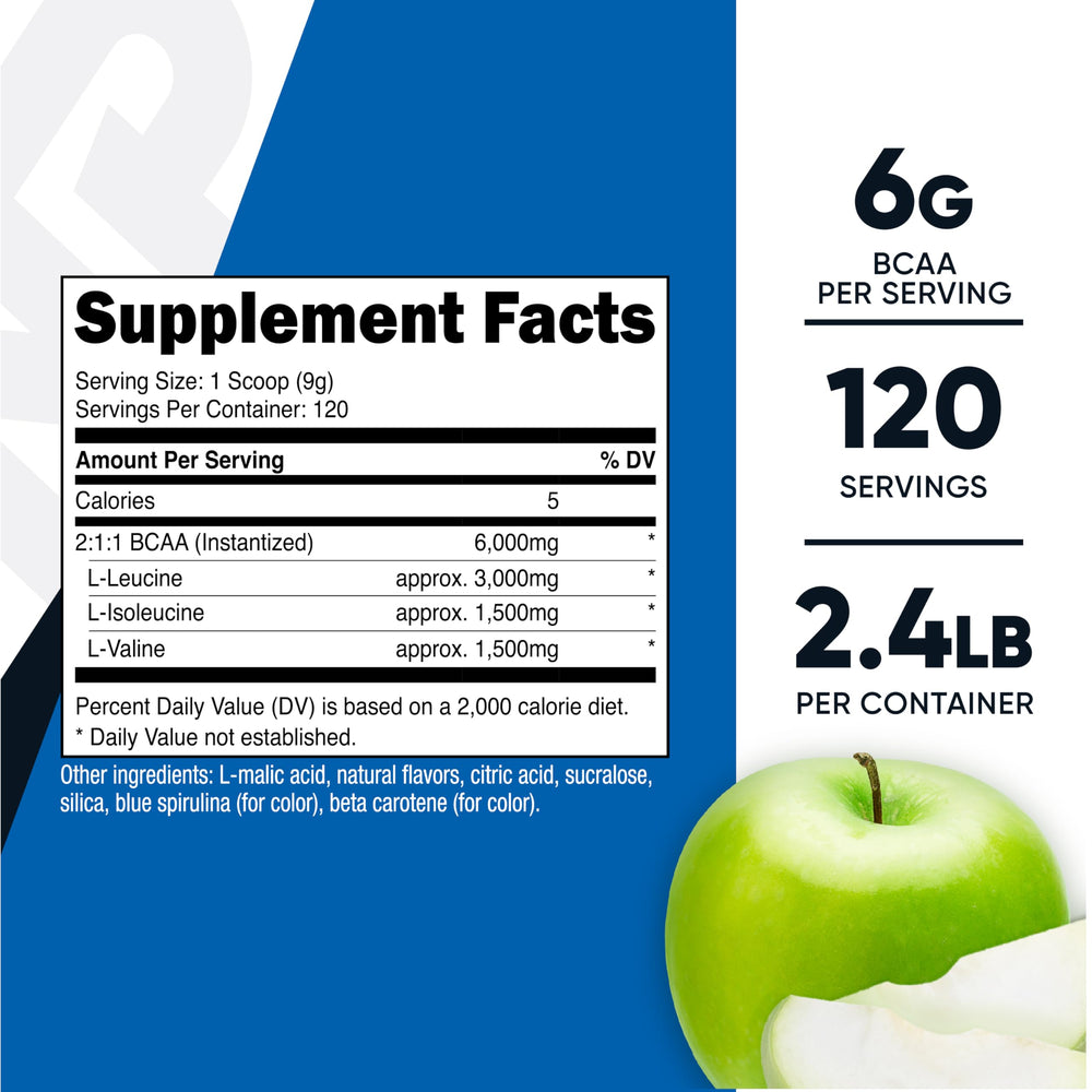 Nutricost BCAA en polvo Manzana Verde en tarro para recuperación y energía.