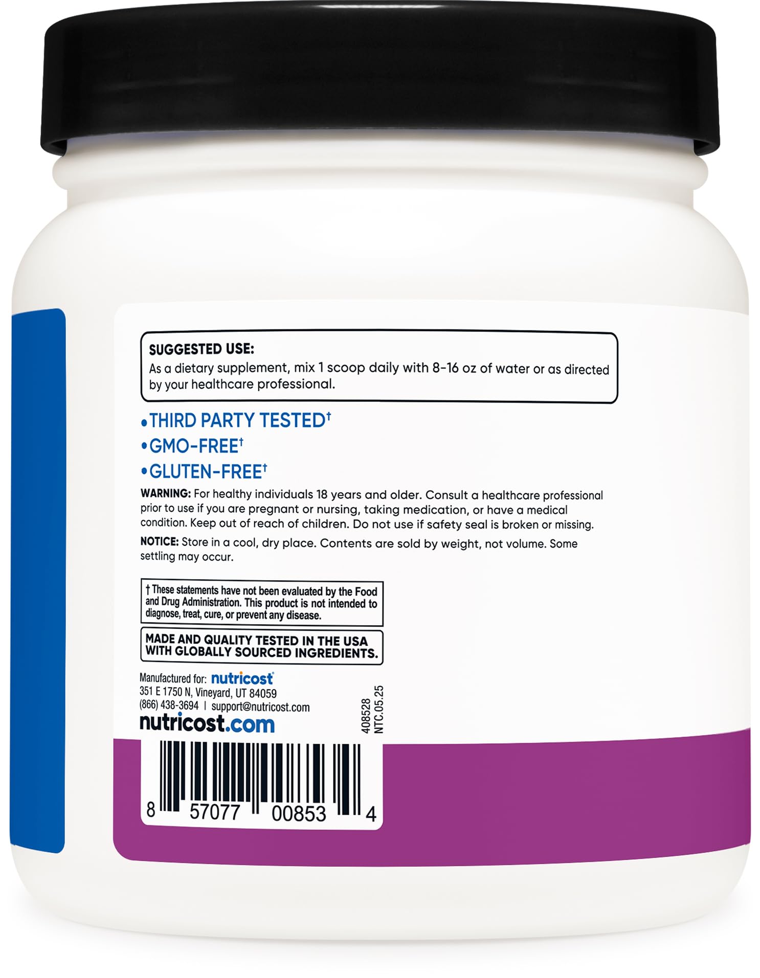 Nutricost BCAA grape label highlighting quality and testing.