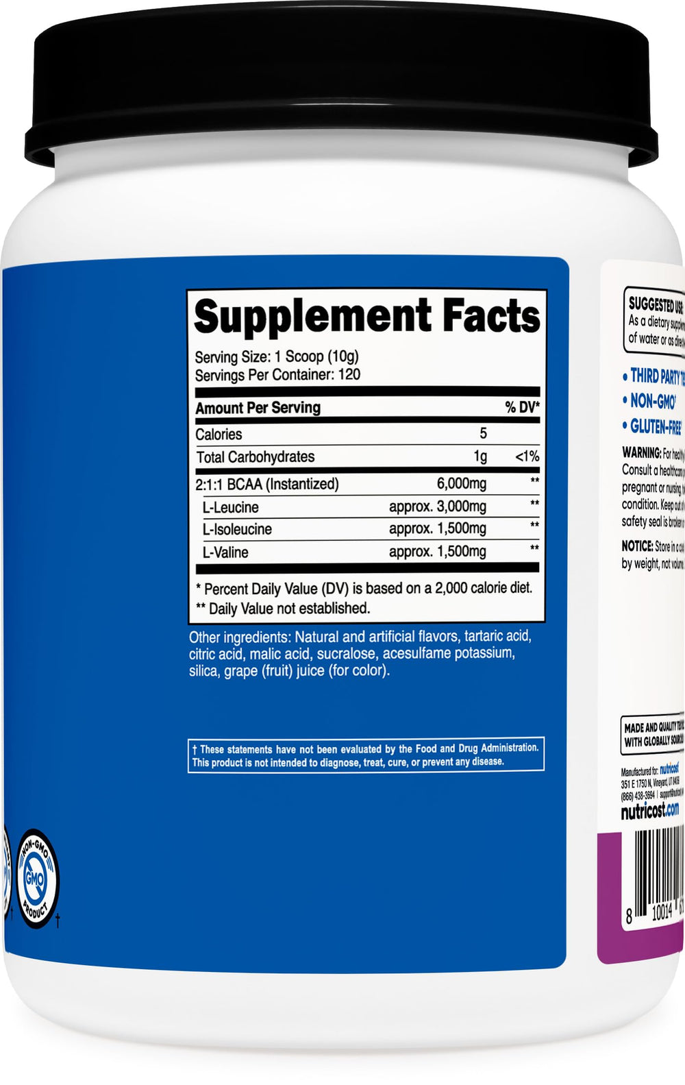 Nutricost BCAA Powder Grape label confirms gluten-free, non-GMO, vegetarian formula.