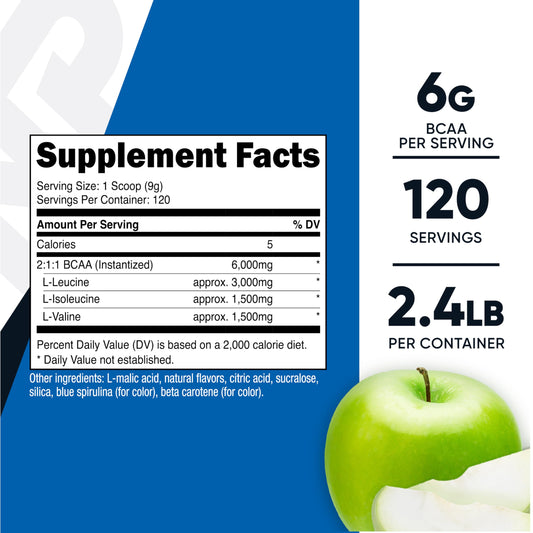 Nutricost BCAA green apple scoop showcases convenient serving with zero-calorie amino acids.