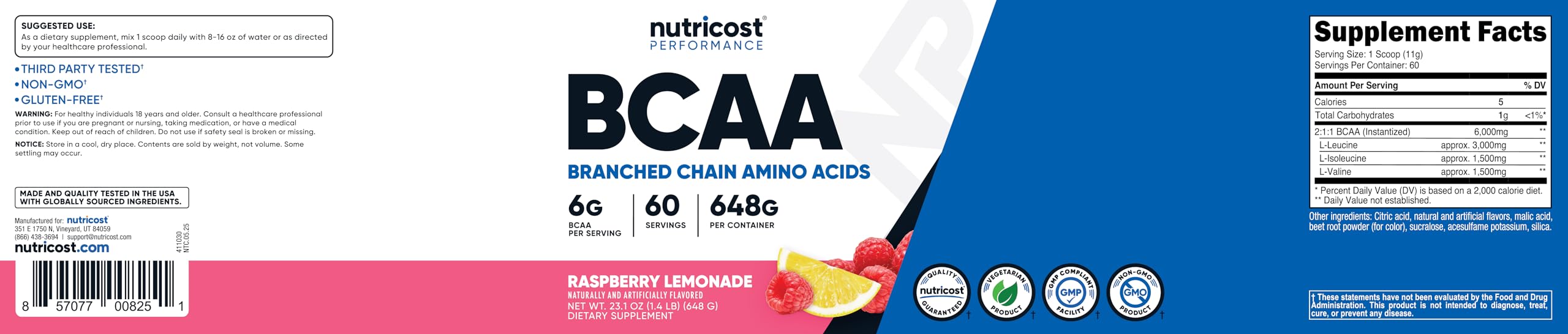 Nutricost BCAA powder raspberry lemonade bottle with scoop for precise gym use