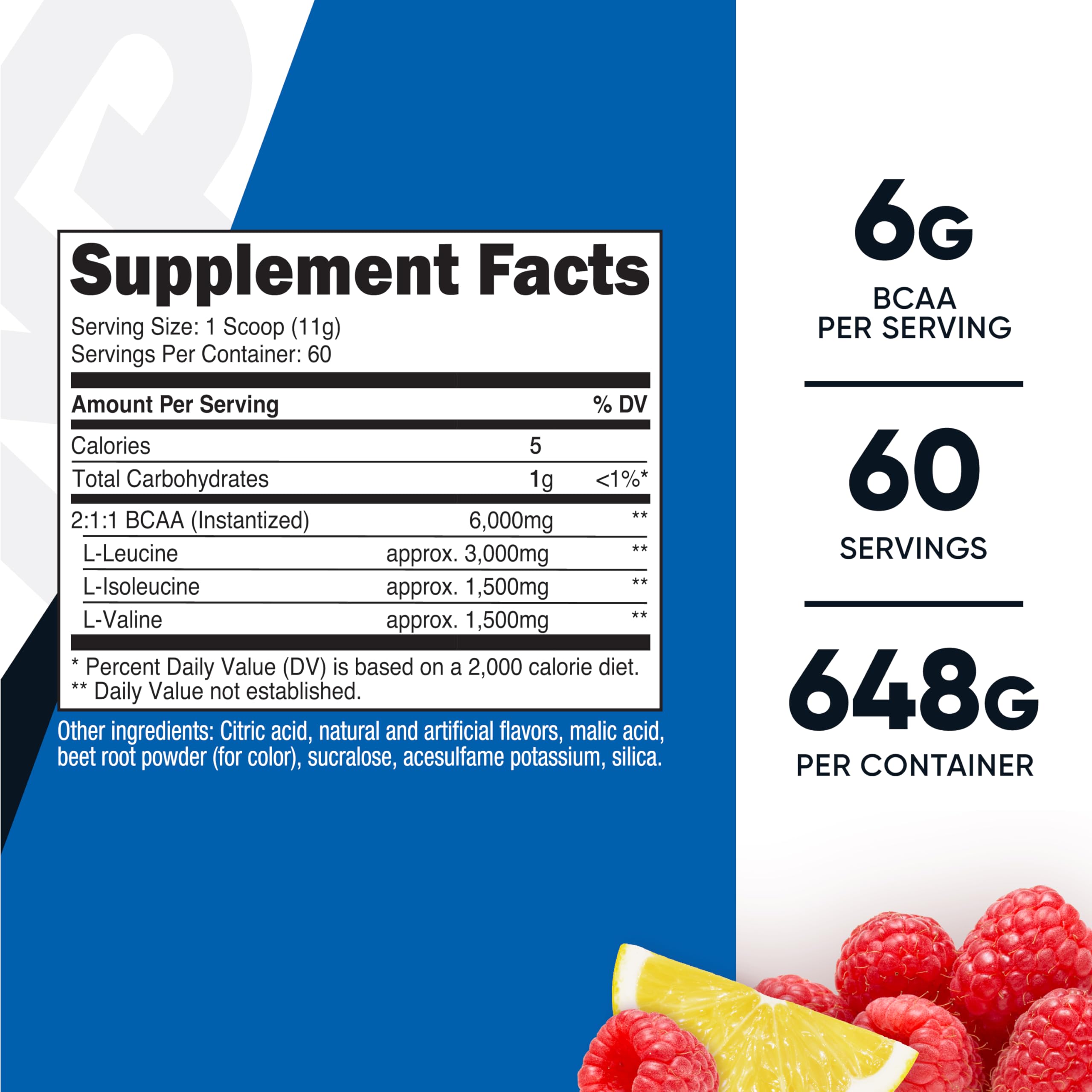 Nutricost BCAA powder raspberry lemonade label closeup shows 2:1:1 ratio