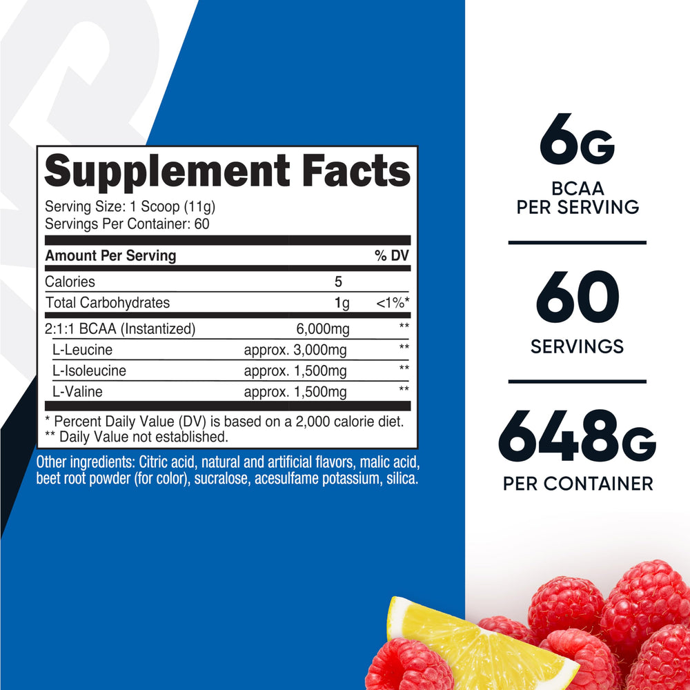 Nutricost BCAA powder raspberry lemonade label closeup shows 2:1:1 ratio