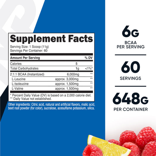 Nutricost BCAA powder raspberry lemonade label closeup shows 2:1:1 ratio