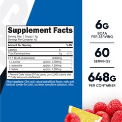 Nutricost BCAA powder raspberry lemonade label closeup shows 2:1:1 ratio