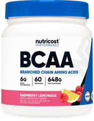 Nutricost BCAA powder raspberry lemonade tub with a crisp post-workout option