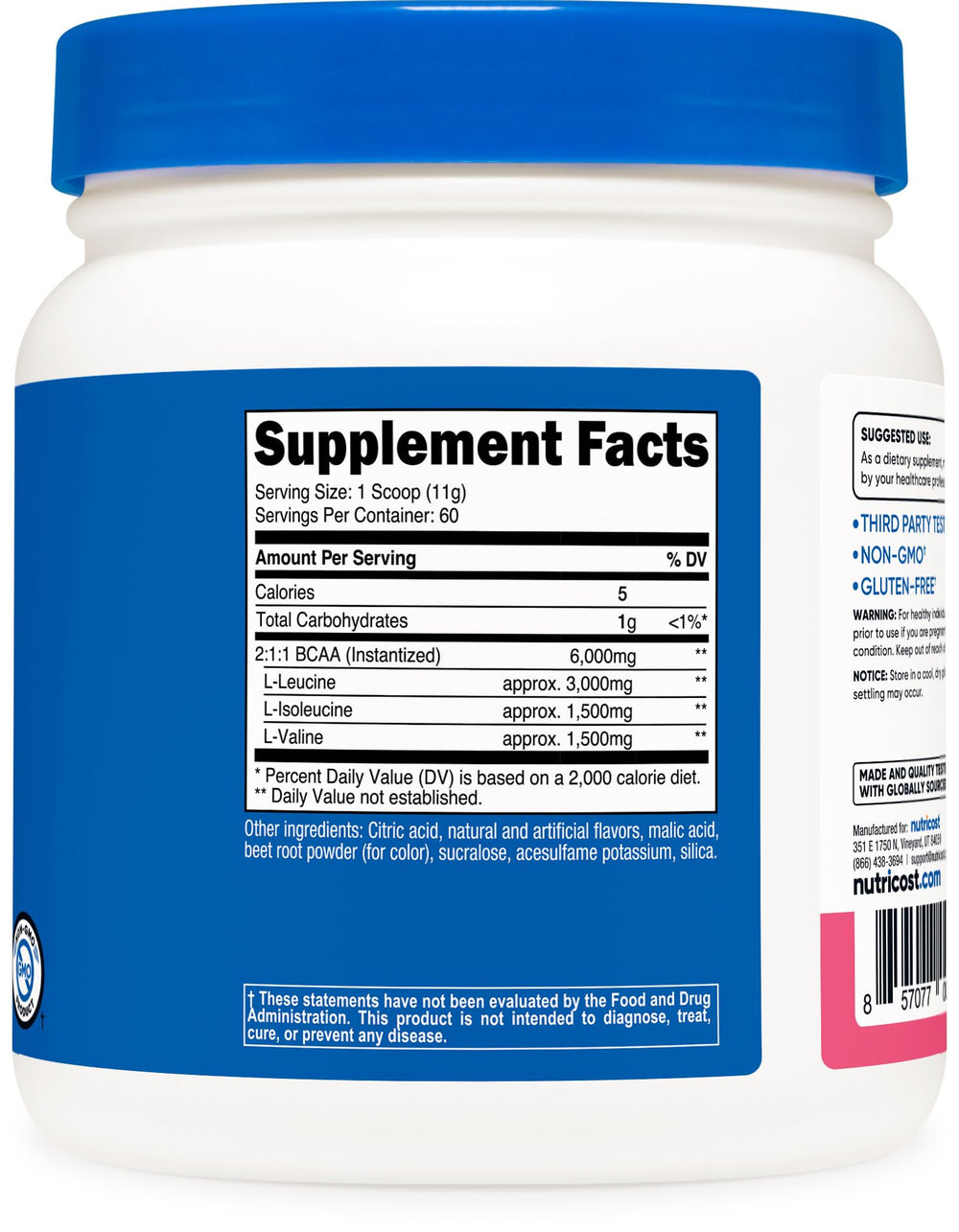 Nutricost BCAA powder raspberry lemonade unflavored bottle invites custom blends