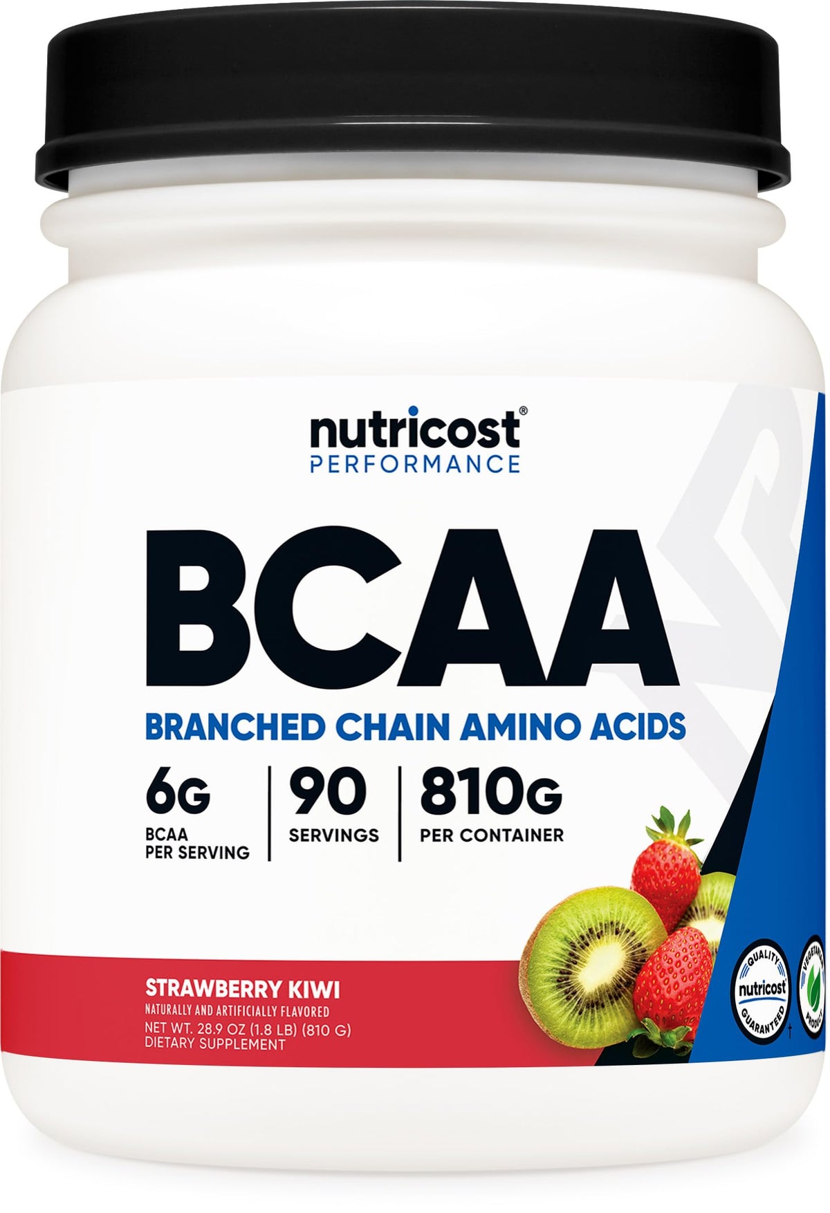 Nutricost BCAA powder bottle with Strawberry Kiwi flavor for post-workout flavor and motivation.
