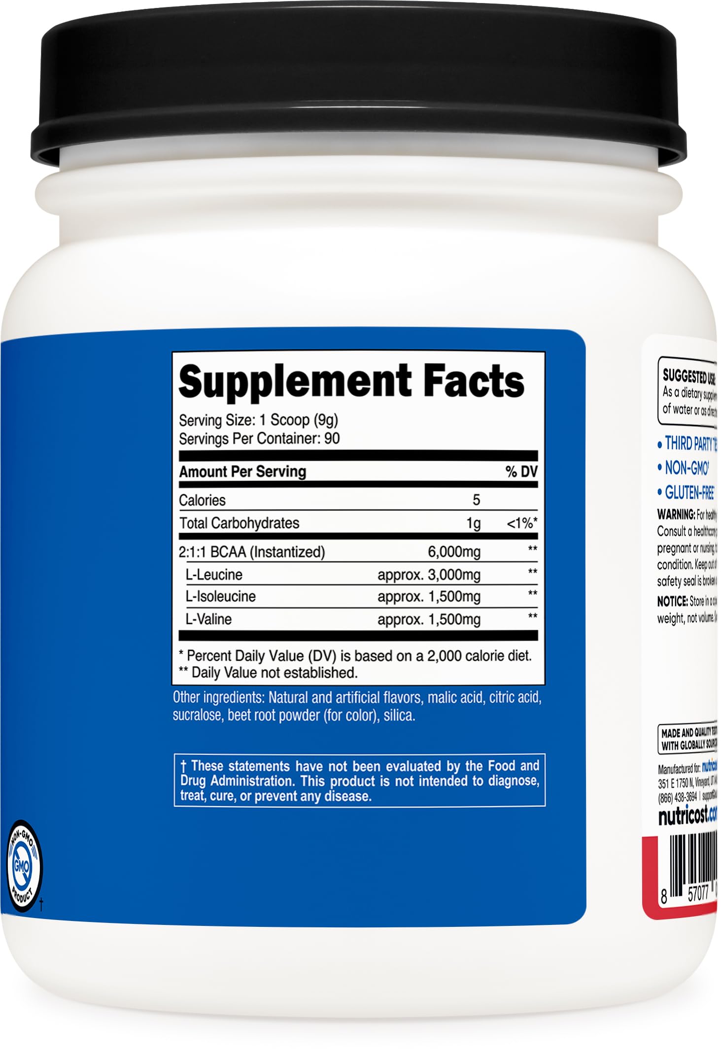 Nutricost BCAA powder bottle beside ISO testing and quality assurance icons.