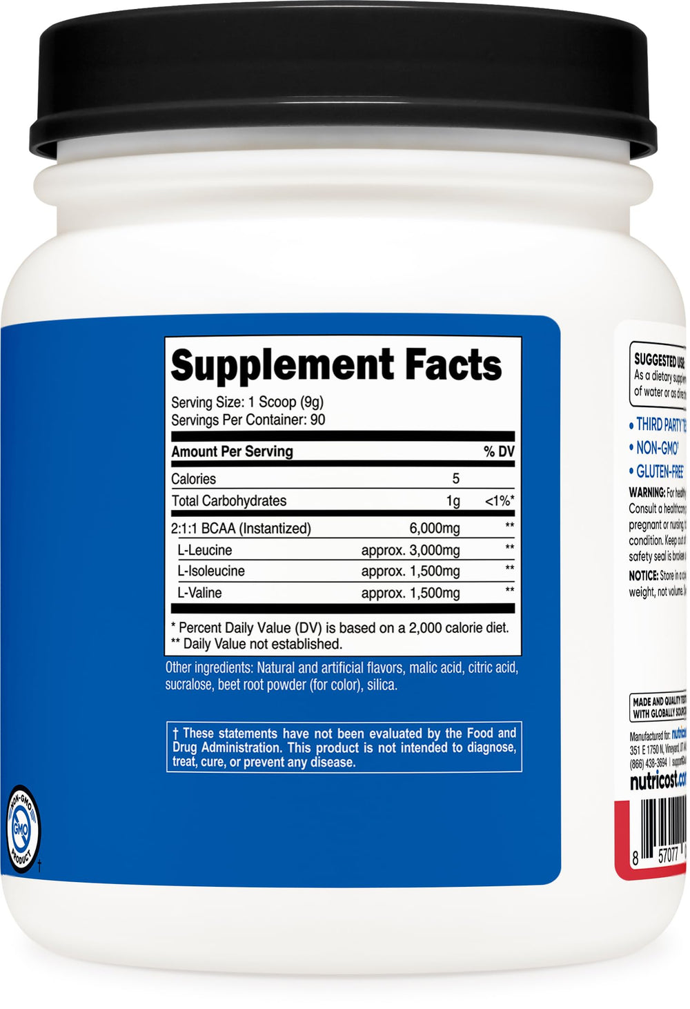Nutricost BCAA powder bottle beside ISO testing and quality assurance icons.