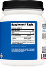 Nutricost BCAA powder bottle beside ISO testing and quality assurance icons.