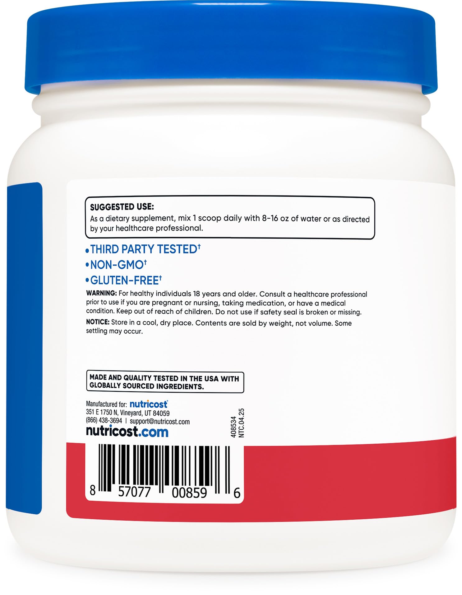 Nutricost BCAA Powder Strawberry Kiwi label close-up, highlighting non-GMO and third-party tested.