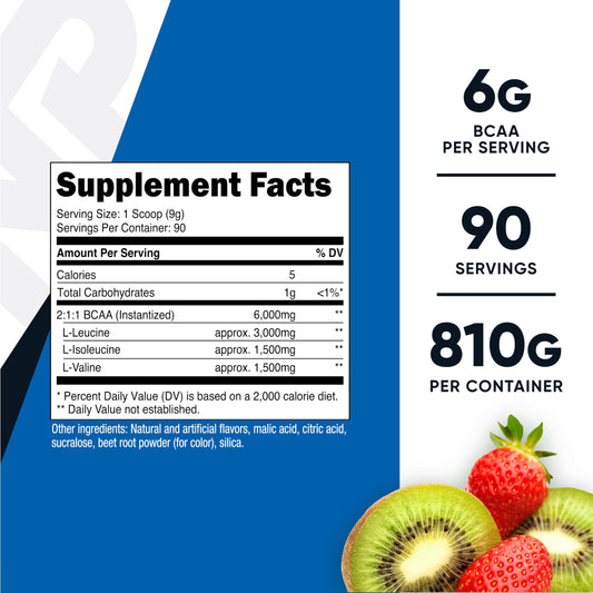 Nutricost BCAA powder visible in a shaker, Strawberry Kiwi ready to mix during training.