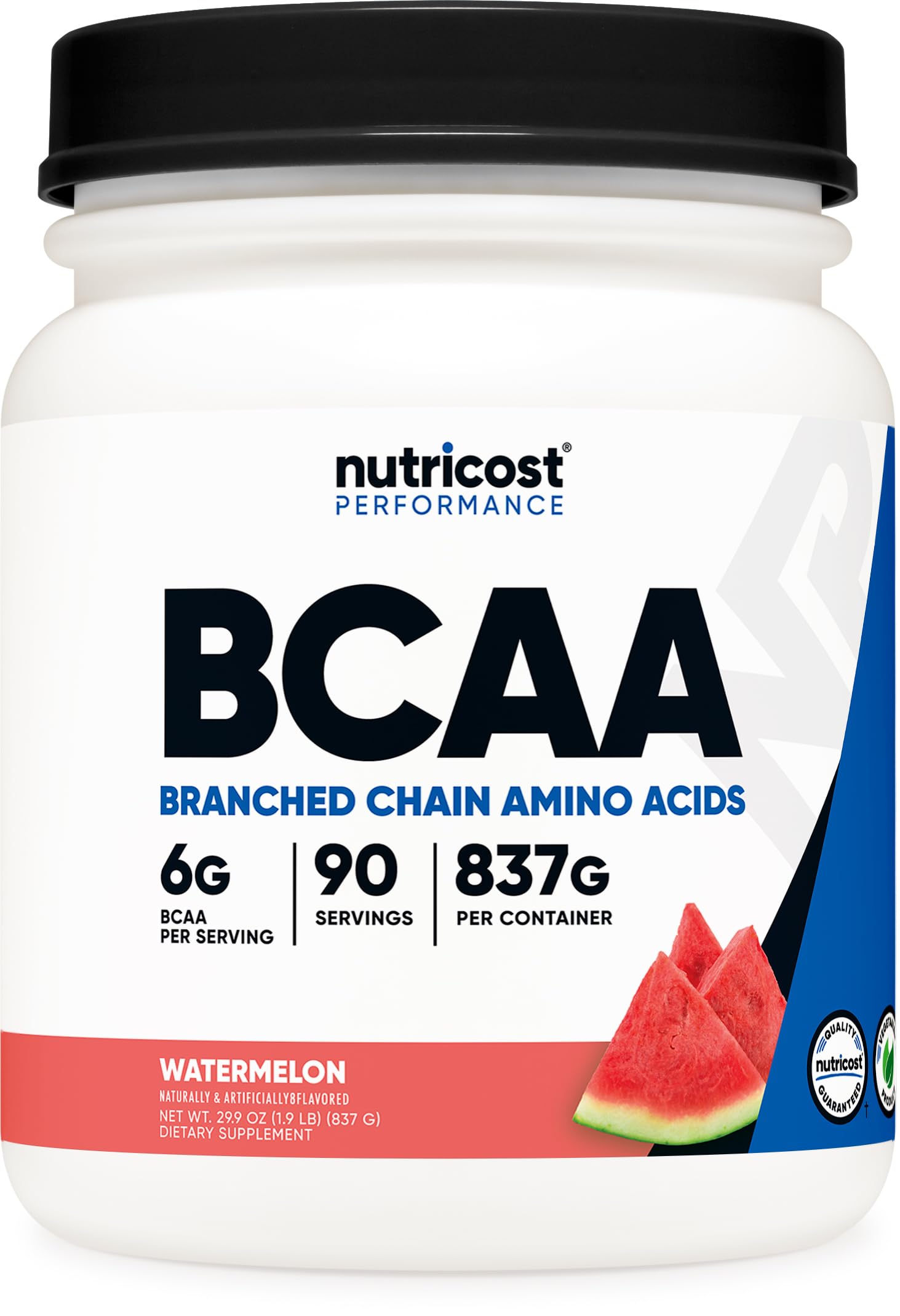 Nutricost BCAA Watermelon powder tub with scoop for workout fueling