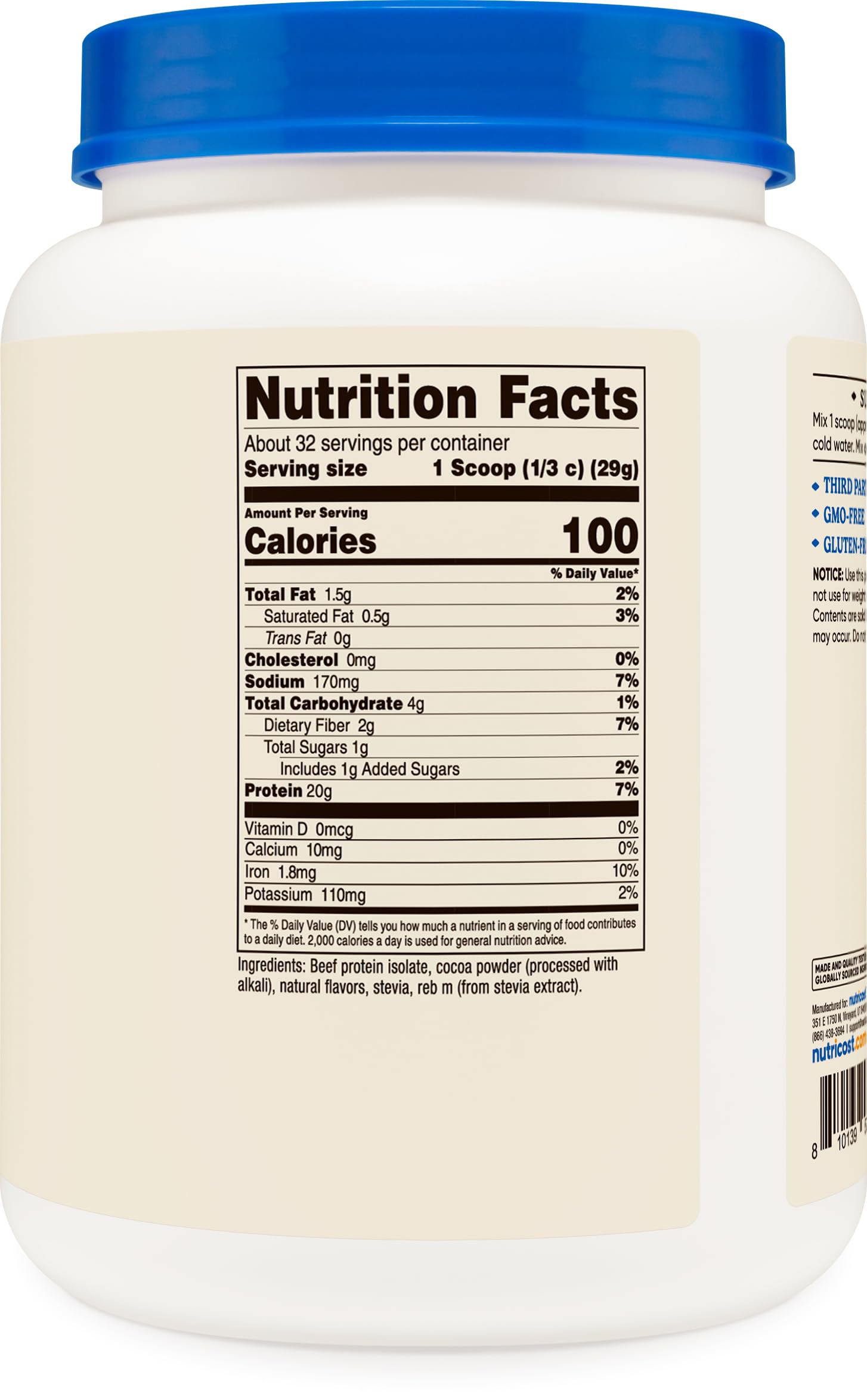 Nutricost Nutrition Facts panel on the beef protein isolate container
