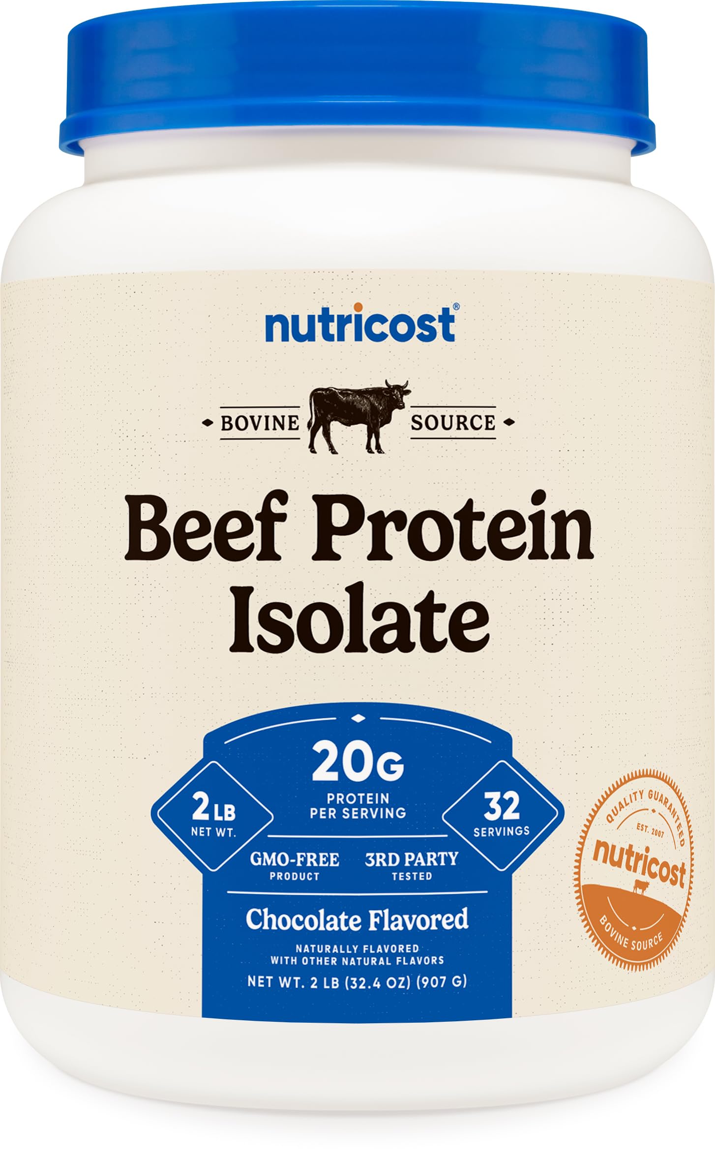 Nutricost Beef Protein Isolate Powder Chocolate 2 lb container for convenient protein