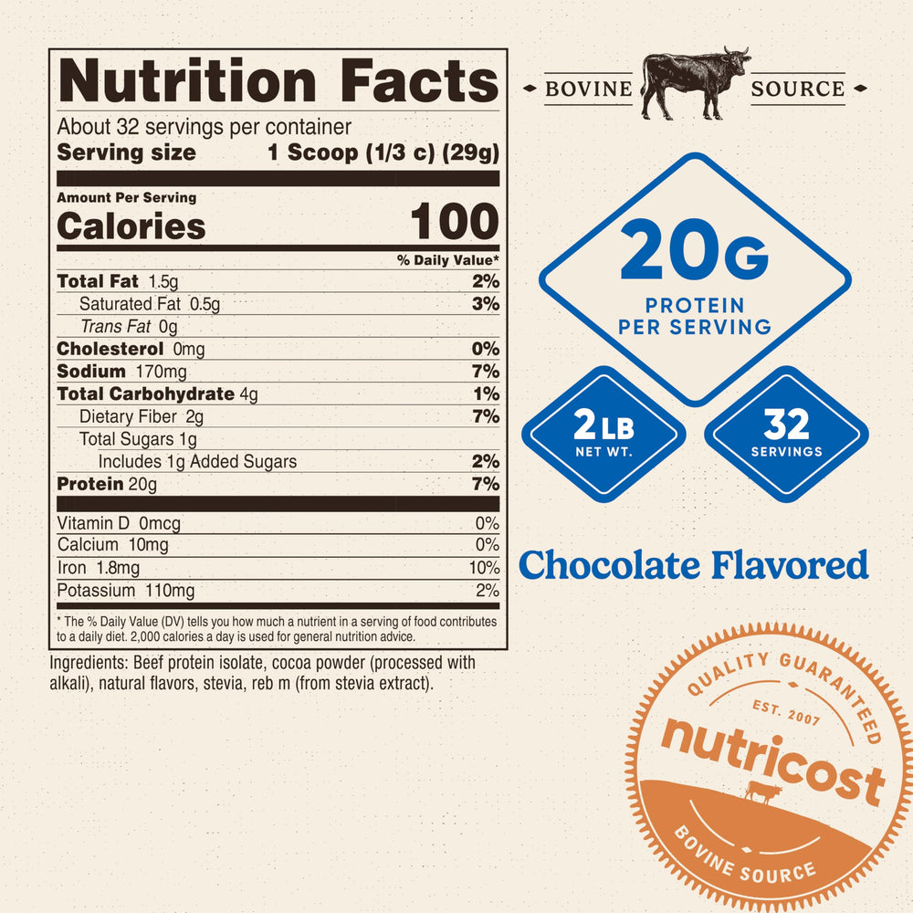 Nutricost beef protein scoop showing a serving size for daily protein
