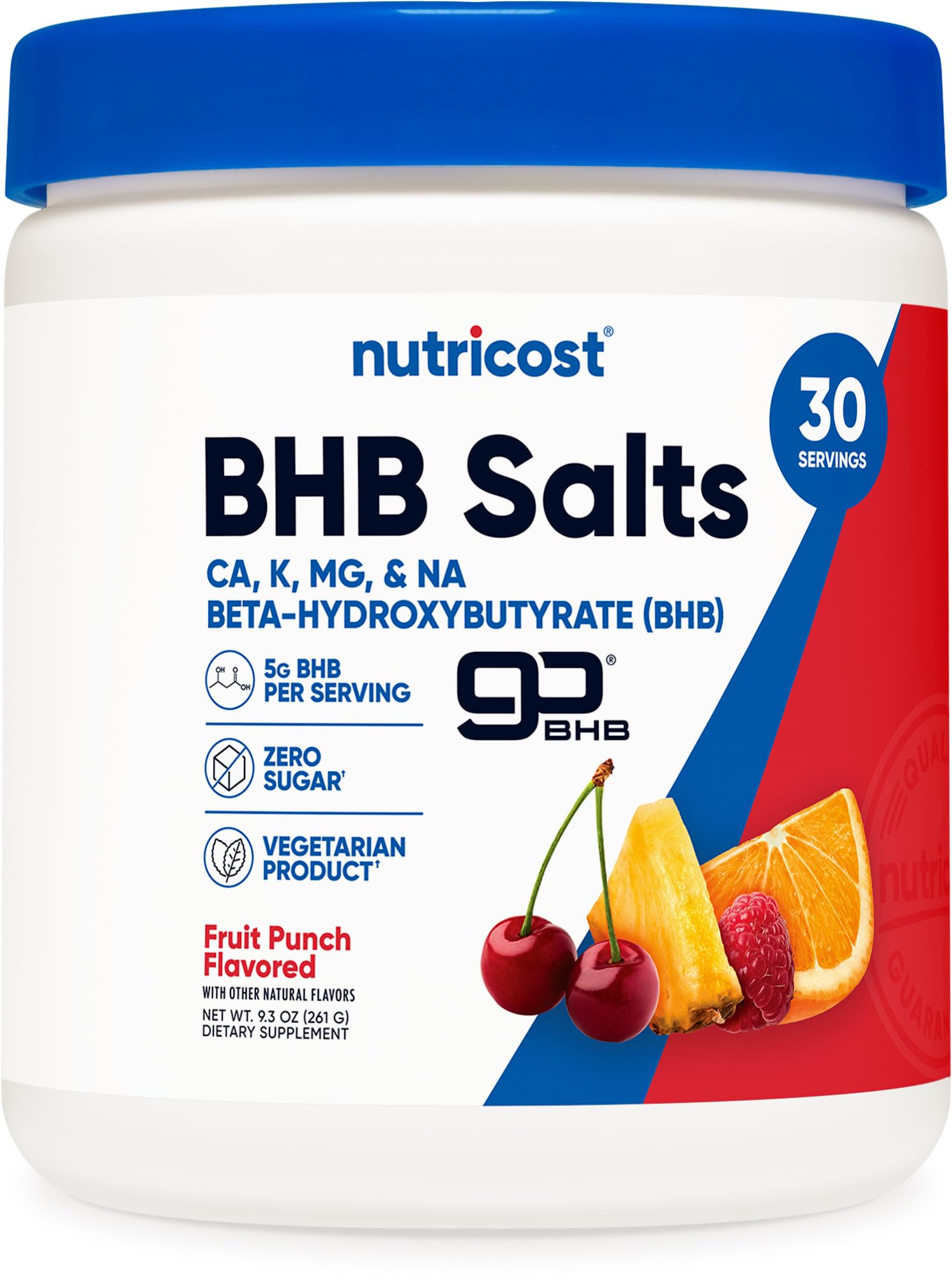Nutricost BHB salts drink mix bottle front with fruit punch flavor for daily energy support.