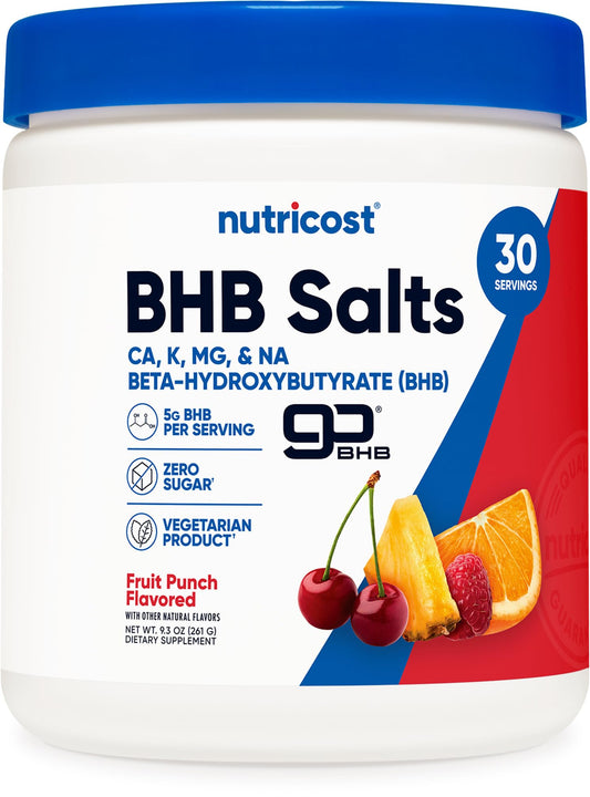 Nutricost BHB salts drink mix bottle front with fruit punch flavor for daily energy support.