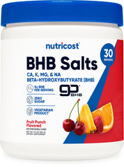 Nutricost BHB salts drink mix bottle front with fruit punch flavor for daily energy support.