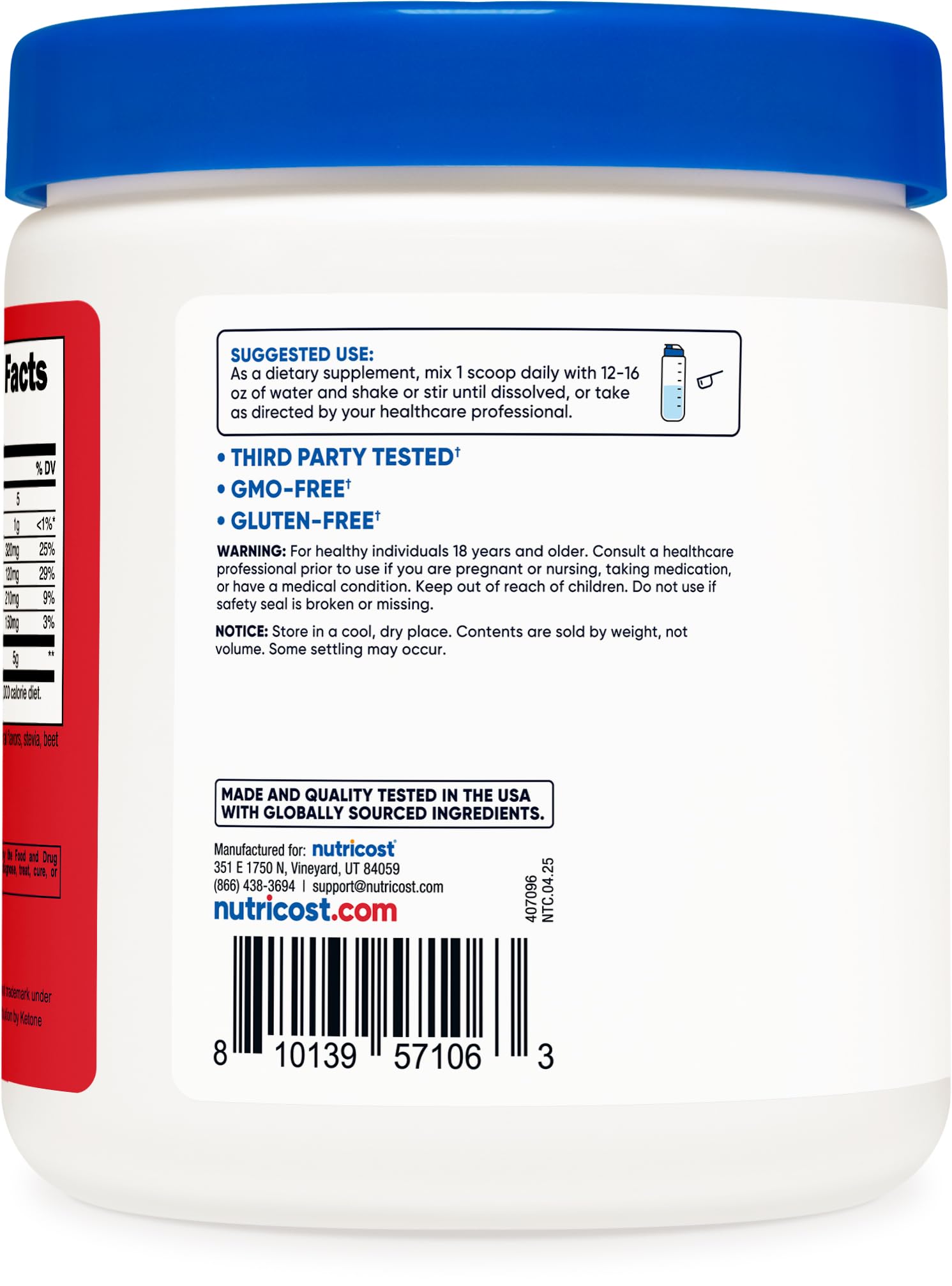 Nutricost BHB salts drink mix label highlights ingredients and third-party testing for transparency.